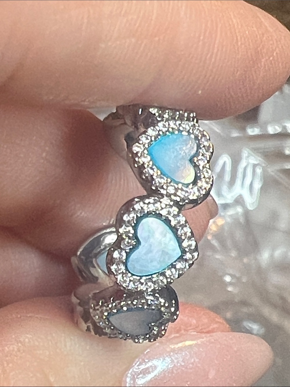 Silver Blue Mother of Pearl Heart Ring with Cubic Zirconia Accents